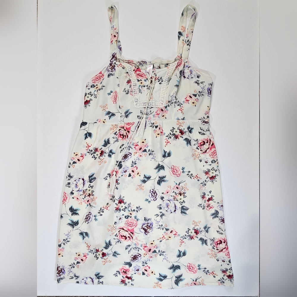 No Boundaries‎ Sundress Juniors 3XL White Pink Floral Tie Neck Feminine Tradwife